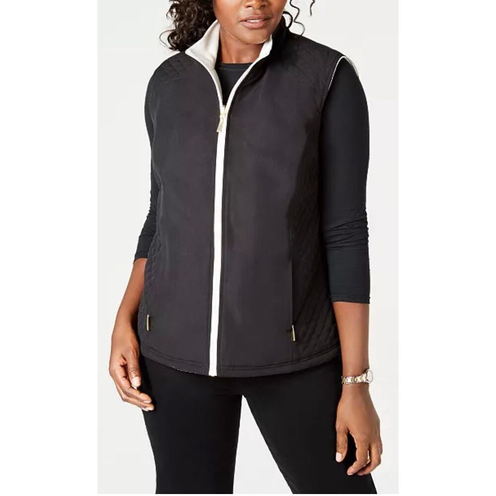 Hasting & Smith Quilted Vest Black Sleeveless Full Zip Gold Detail